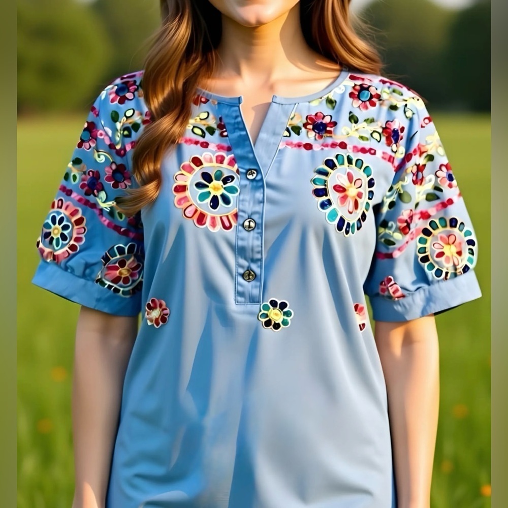 Bohemian Medium Wash Embroidered Floral Puff Sleeves Loose Fit Blouse